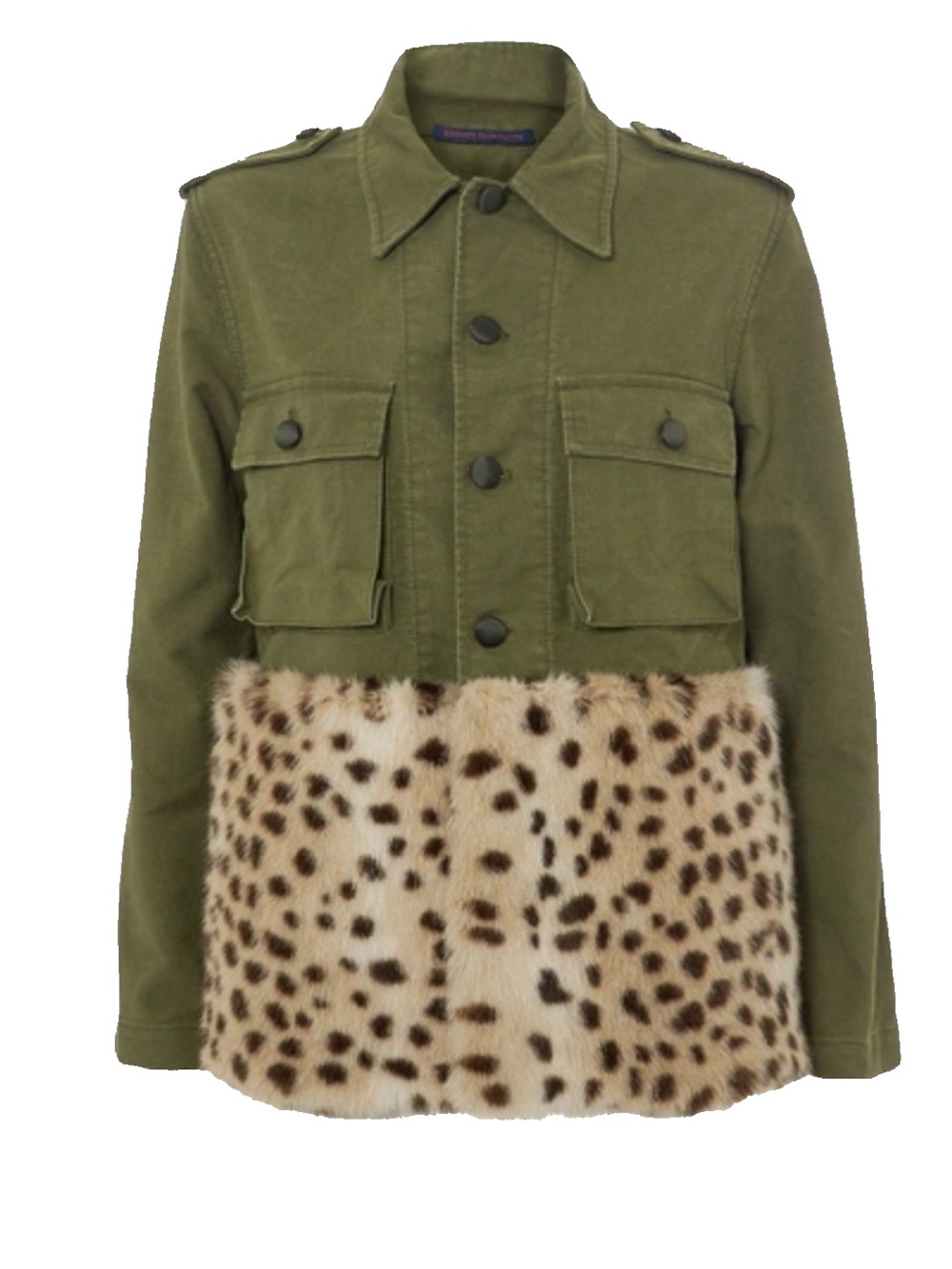 Harvey Faircloth Olive Green Military Jacket Faux Leopard Fur Panel Size Small